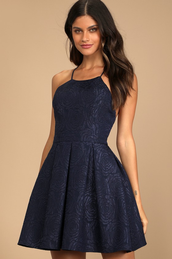 Navy Blue Mini Dress - Floral Jacquard Dress - Skater Dress - Lulus