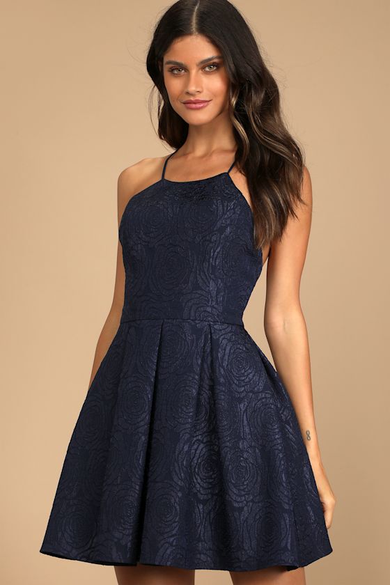 Navy Blue Mini Dress Floral Jacquard Dress Skater Dress Lulus