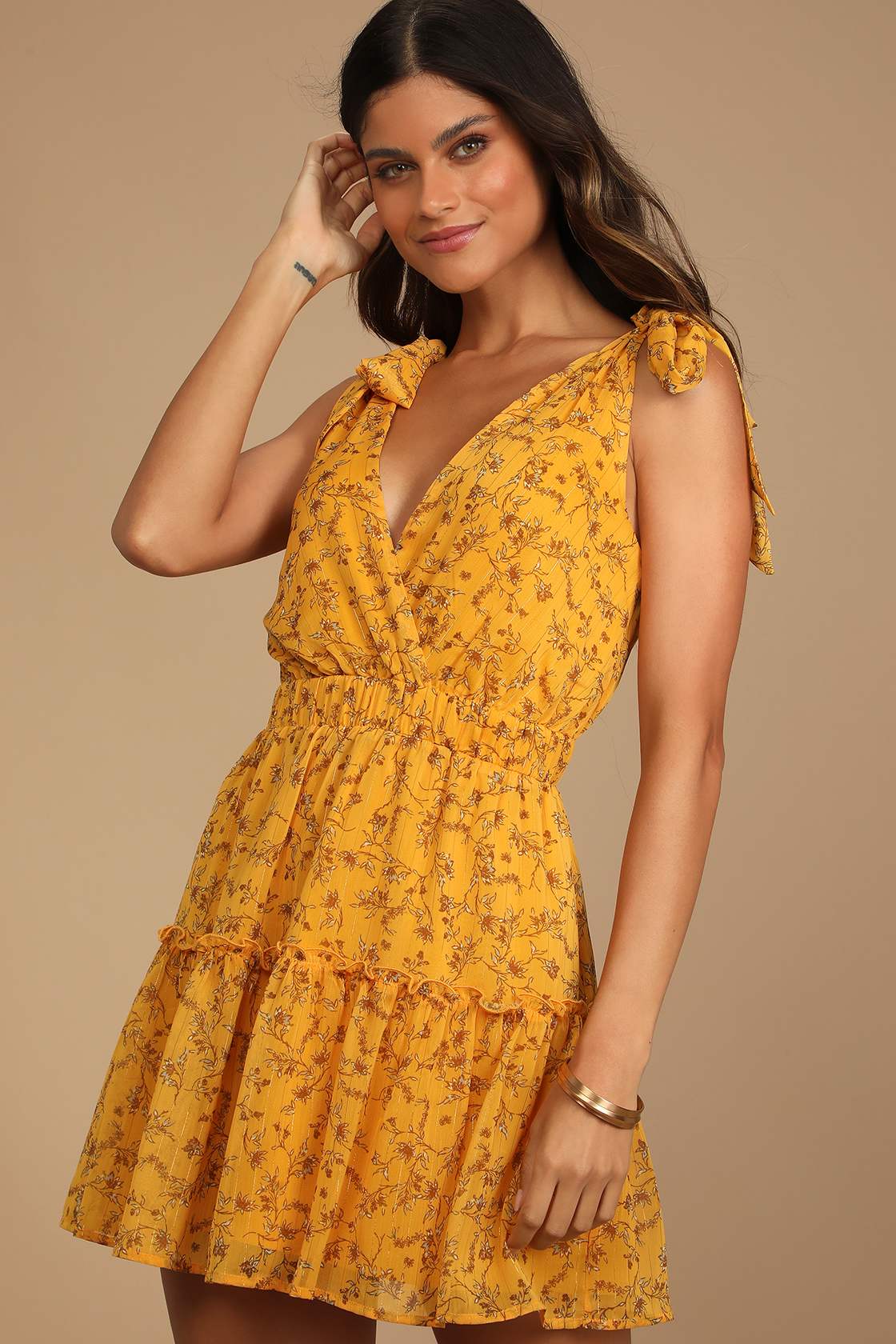 Mustard Yellow Mini Dress TieStrap Dress Tiered Skater Dress Lulus