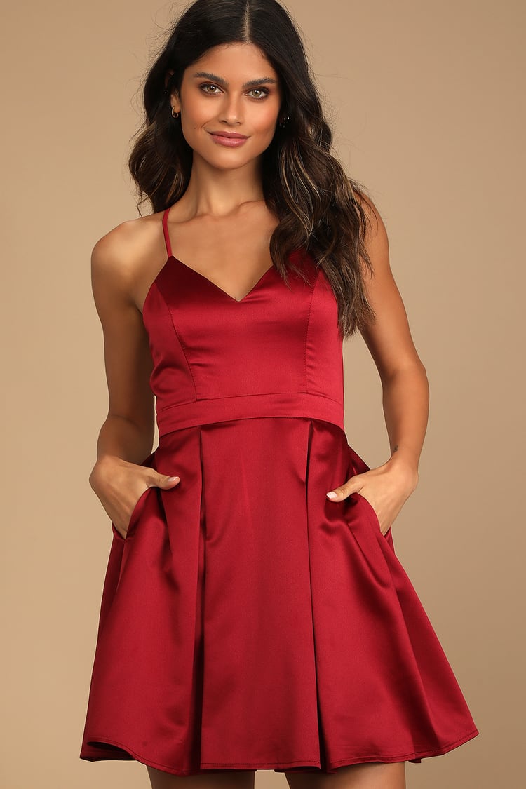 Wine Red Skater Dress | Womens | Large (Available in XS, S, M, XL) | 100% Polyester | Lulus Exclusive | Cocktail Dresses | Holiday Dresses