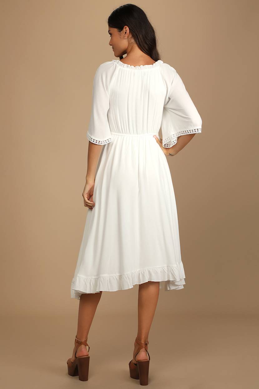 White Midi Dress - Three-Quarter Sleeve Dress - Handkerchief Midi - Lulus