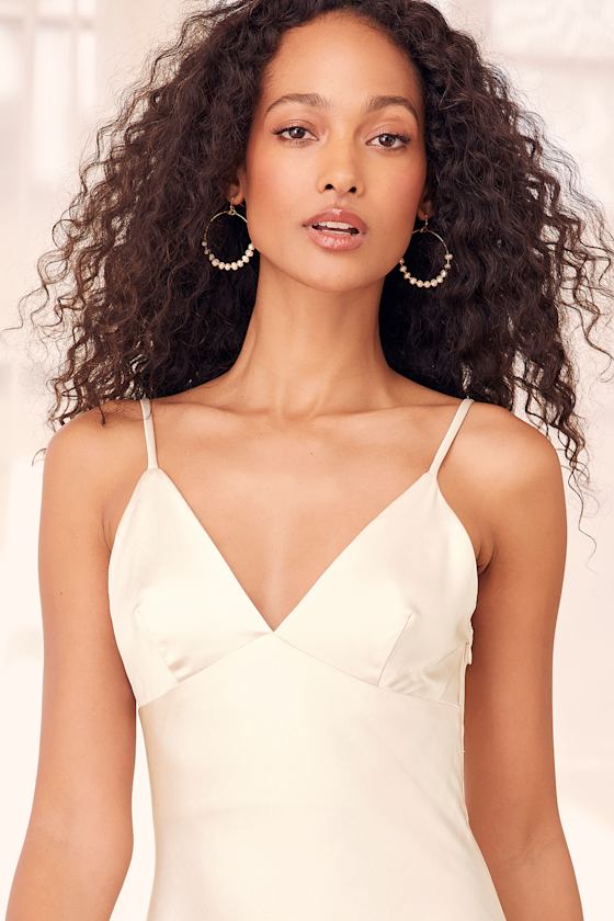 Meaningful Melody Cream Satin V-Neck Midi Slip Dress 3