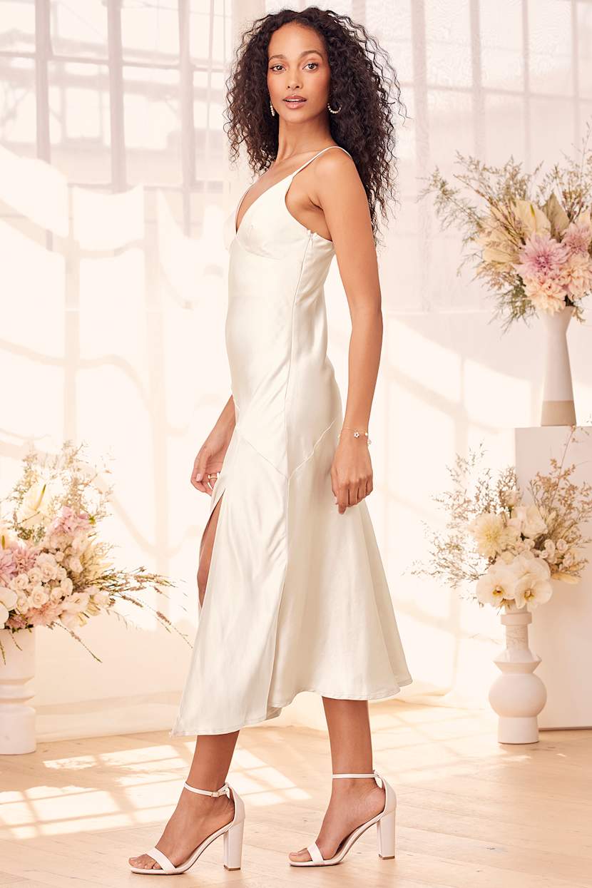 Meaningful Melody Cream Satin V-Neck Midi Slip Dress