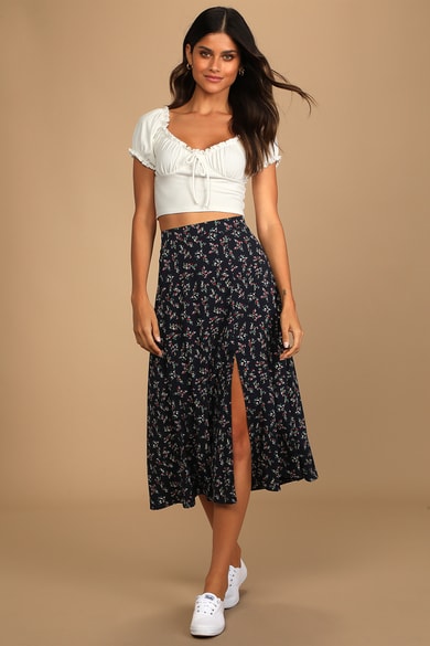 Black Floral Print Skirt - Button-Front Skirt - Tiered Maxi Skirt - Lulus