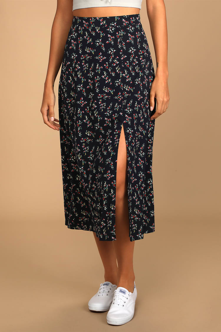 Bliss Me Navy Blue Floral Print Midi Skirt