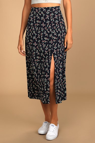 Bliss Me Navy Blue Floral Print Midi Skirt