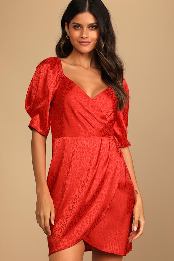 Spectacular Sights Red Leopard Print Satin Wrap Mini Dress