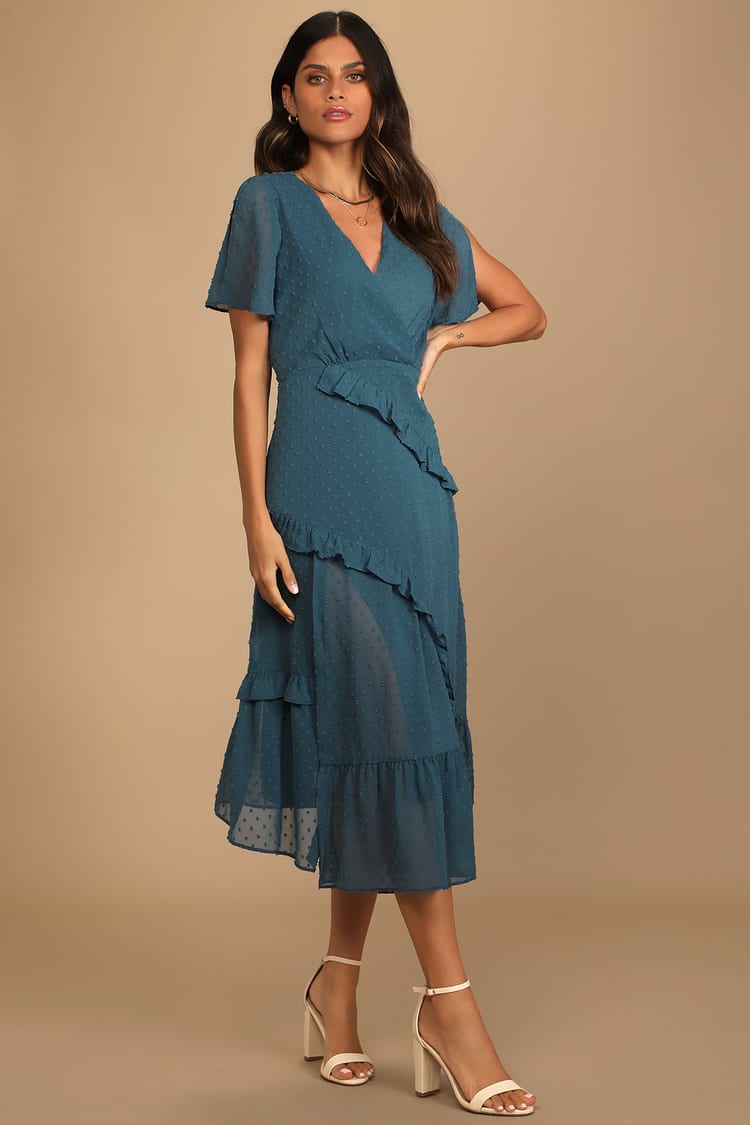 Next to You Slate Blue Swiss Dot Ruffled Midi Dress