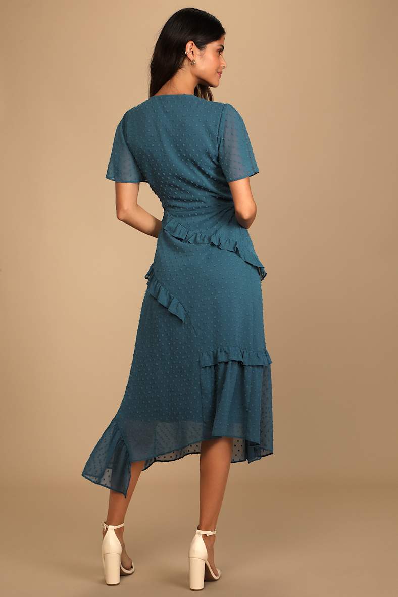 Next to You Slate Blue Swiss Dot Ruffled Midi Dress