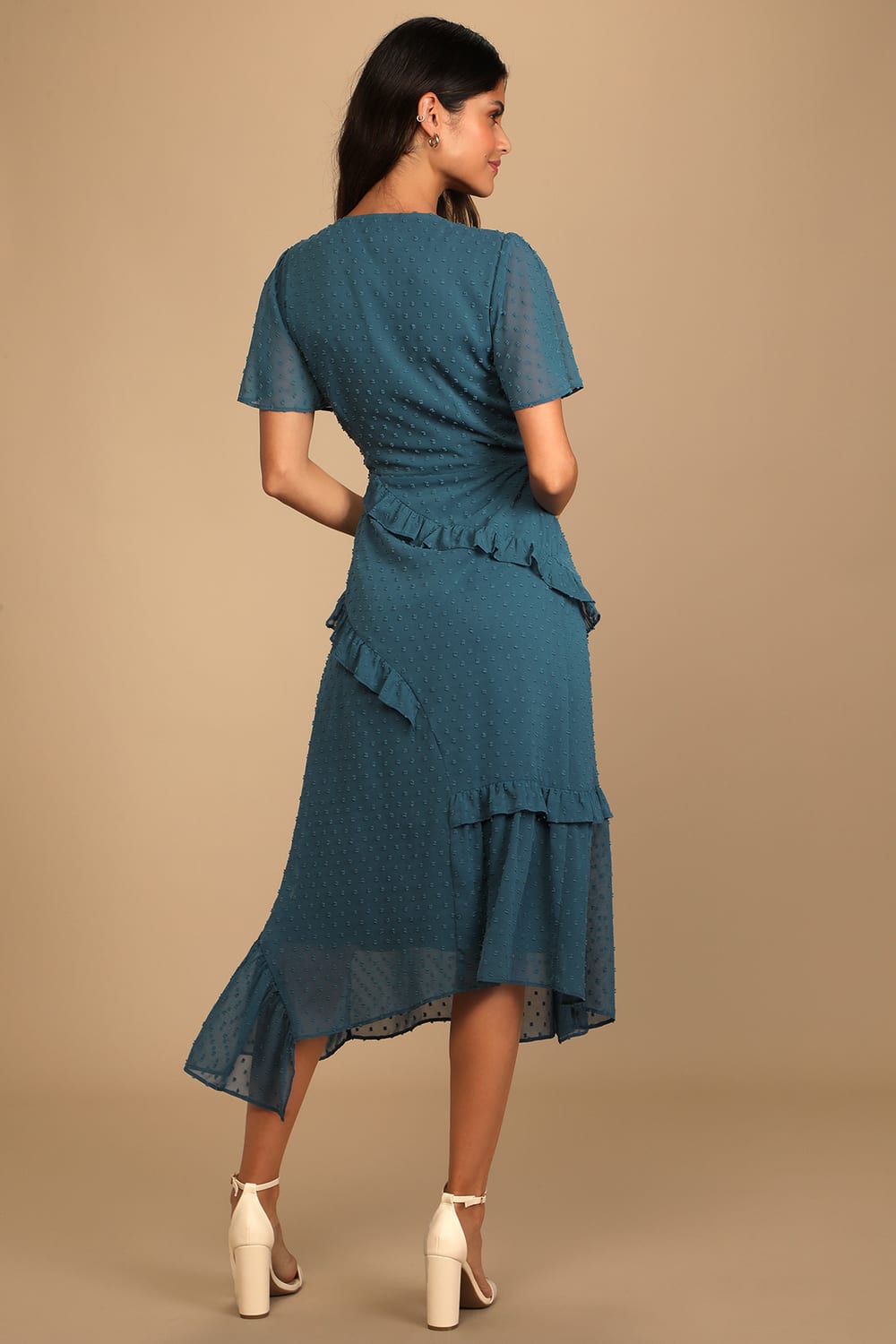 Next to You Slate Blue Swiss Dot Ruffled Midi Dress