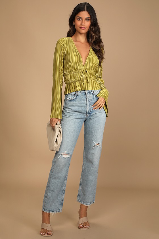 Staying Optimistic Chartreuse Pleated Bell Sleeve Top