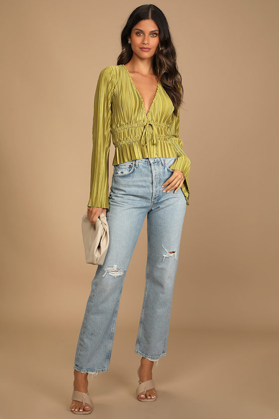 Staying Optimistic Chartreuse Pleated Bell Sleeve Top 5