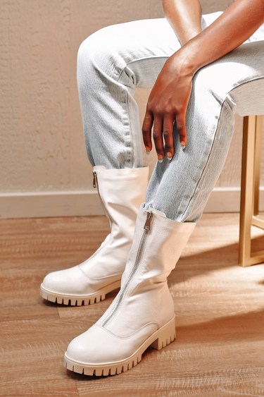 Lakelynn White Zip-Front Mid-Calf Boots