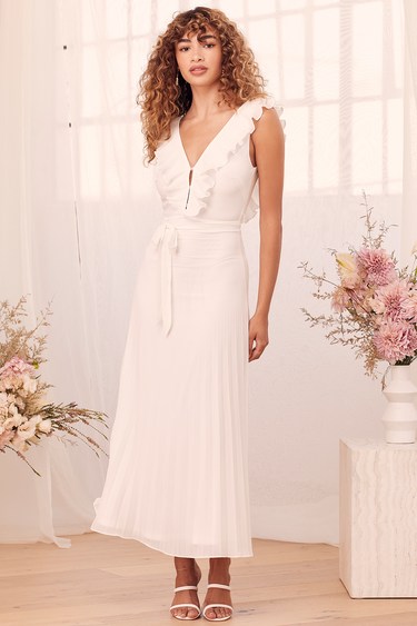 Loved By You White Pleated Chiffon Maxi Dress
