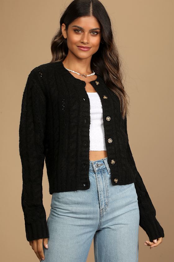 Present Company Black Pierced Cable Knit Button-Up Sweater 11