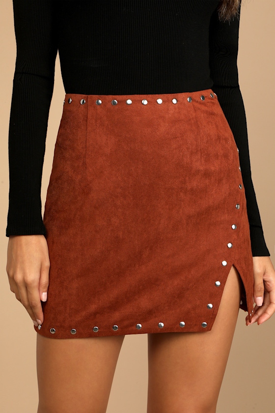Fall For It Brown Suede Studded Mini Skirt 2