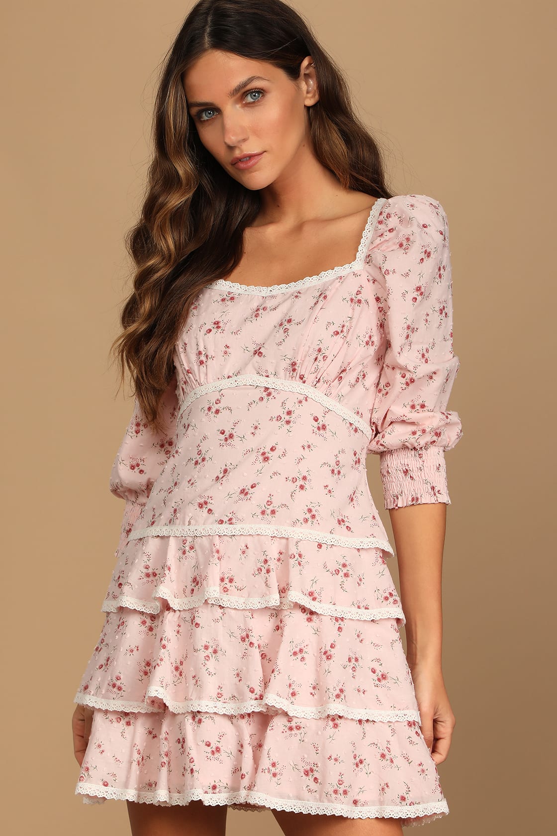 Pink Floral Mini Dress - Tiered Mini Dress - Long Sleeve Dress - Lulus