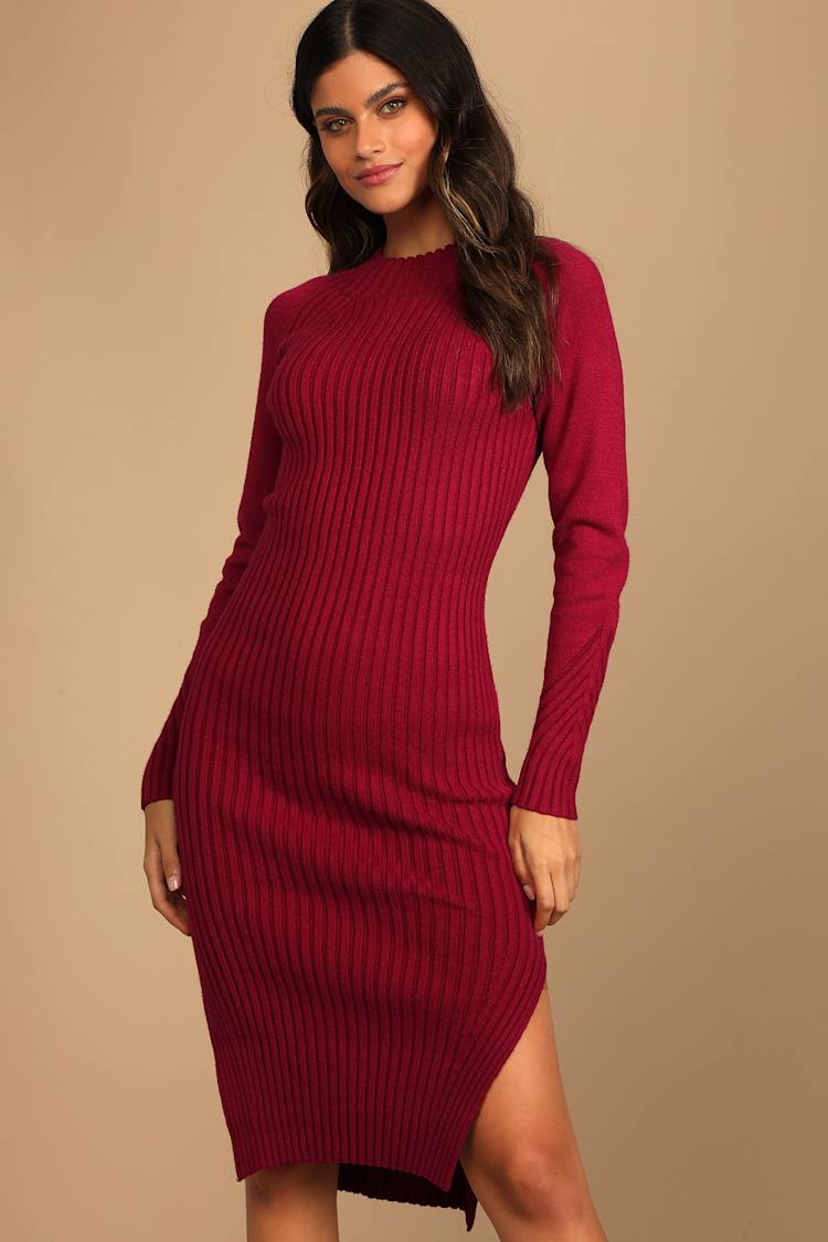red mock neck sweater dress Mock Neck Sweater Dress Large / Burgundy