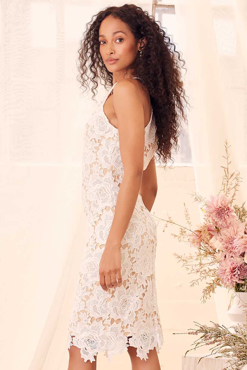 Temps De L'Amour White Lace Bodycon Midi Dress