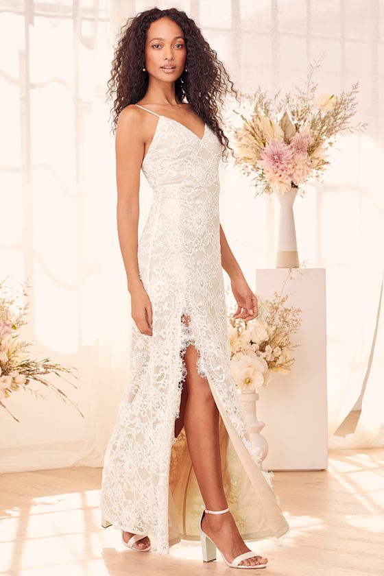 Down the Aisle White and Beige Lace V-Neck Column Maxi Dress 2