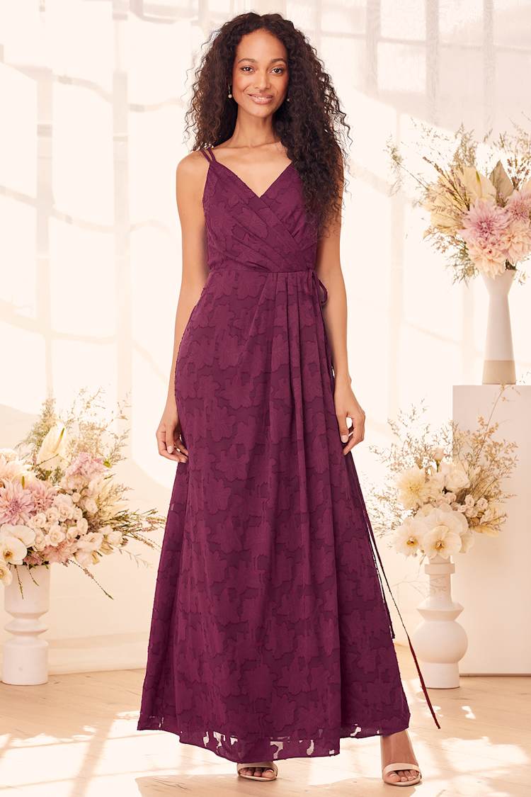 burgundy chiffon wrap dress ONE THE LAND Chiffon Print Three Fourth Sleeve Wrap V-Neck Maxi Dress In Burgundy Small main image 0