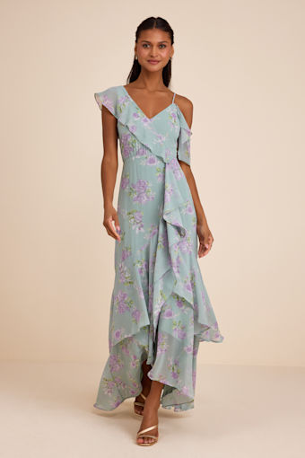 Velma Sage Floral Ruffled Asymmetrical Maxi Dress 1