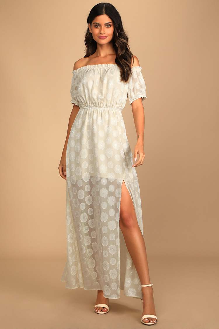 chinese dress ladies Cream Knitted Off Shoulder Long Sleeve Maxi Dress