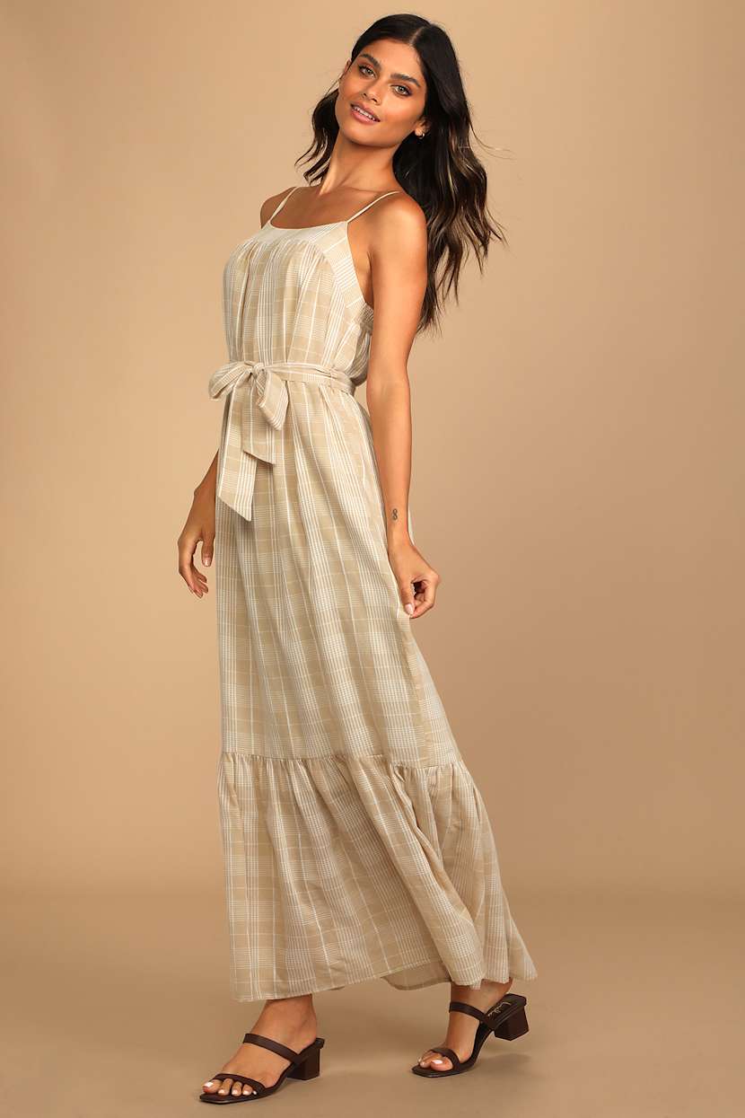 chinese dress ladies Brown Blue Plaid Maxi Casual Dress main image 0