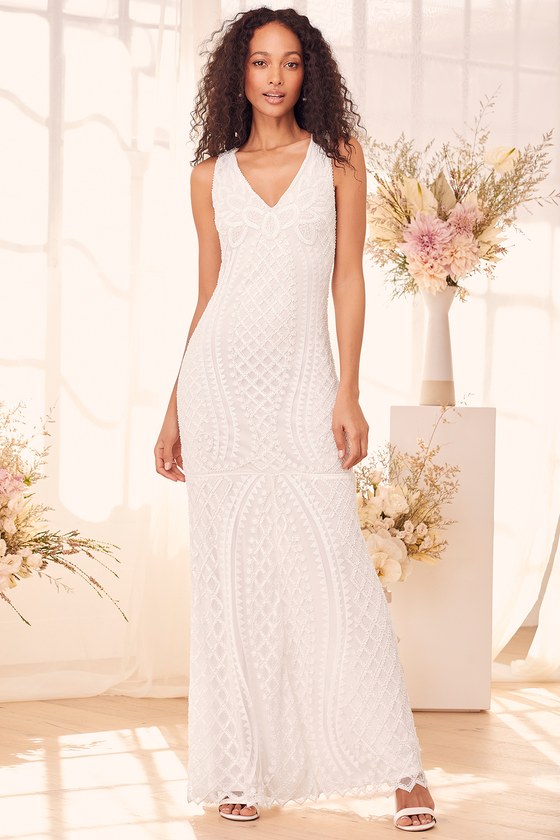 White Beaded Rhinestone Maxi Dress | Womens | XX-Small (Available in M) | 100% Polyester | Lulus