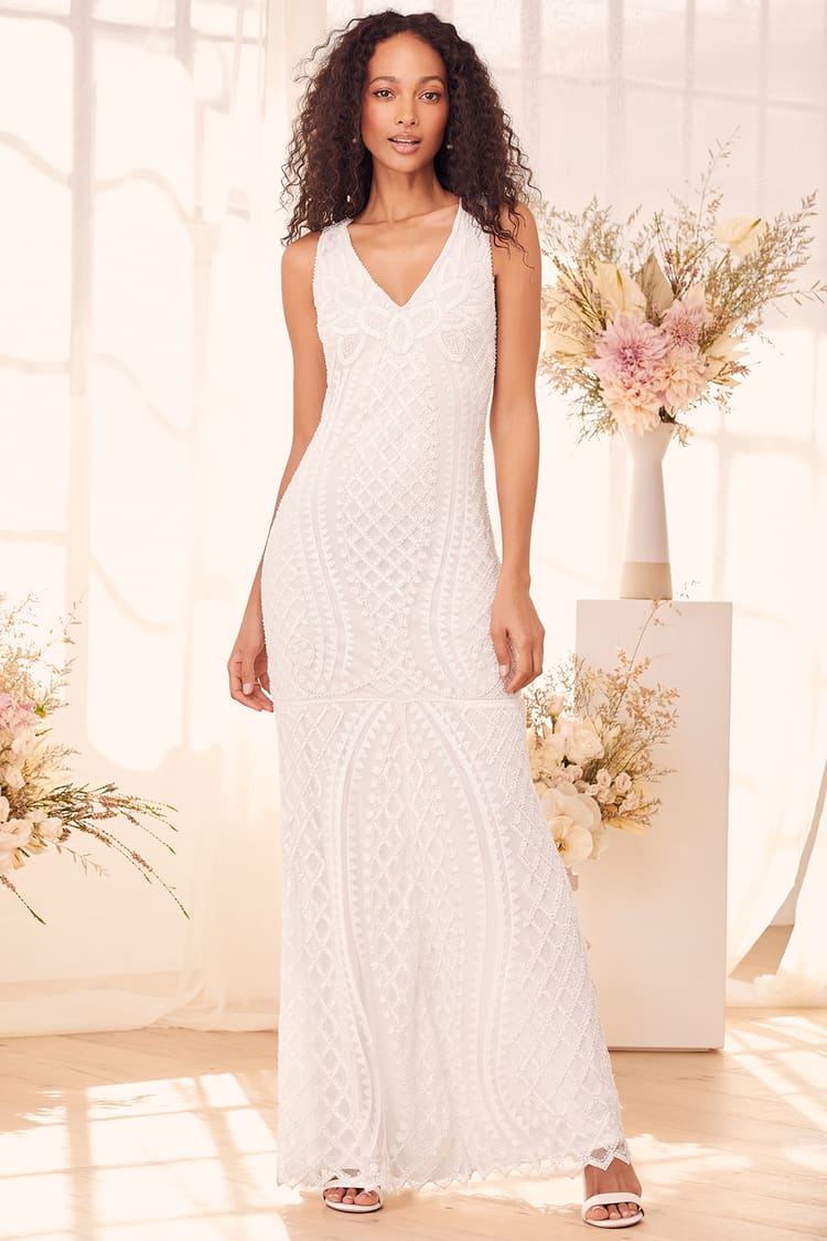 Lovely White Maxi Dress - Beaded Sequin Dress - Mermaid Dress - Lulus