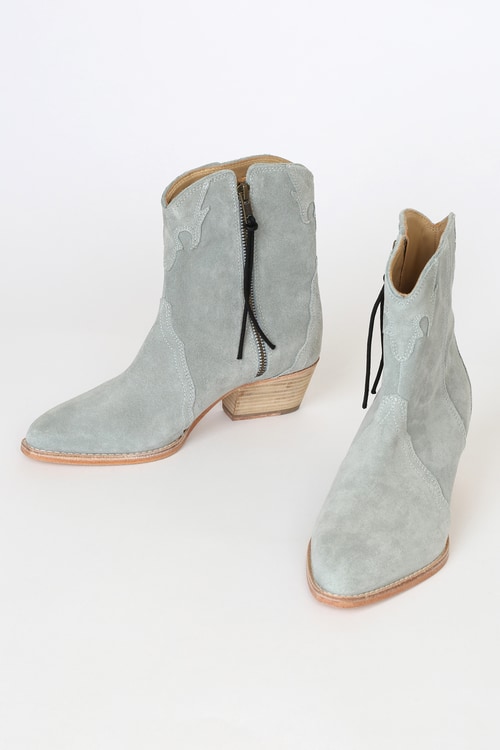 Free People New Frontier Western Dusty Blue Suede Pointed-Toe Mid-Calf Boots