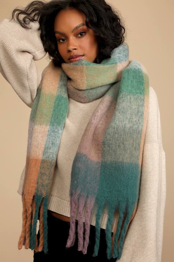 Peak Scenery Green Multi Plaid Fringe Oversized Scarf 1