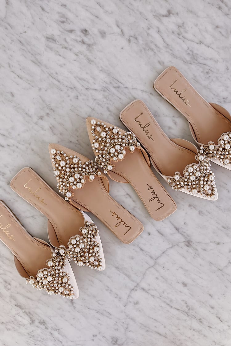 Flora Beige Suede Pearl Embroidered Pointed-Toe Flats