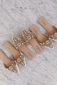 Flora Beige Suede Pearl Embroidered Pointed-Toe Flats