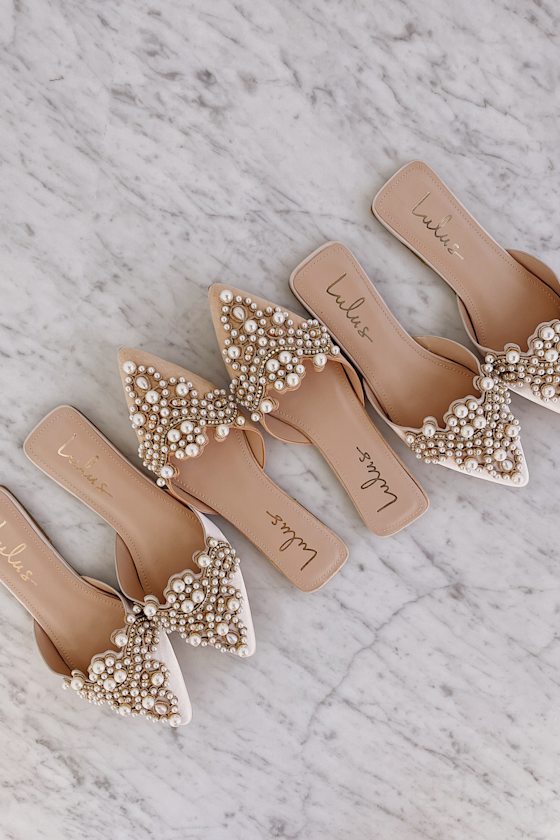 Flora Beige Suede Pearl Embroidered Pointed-Toe Flats 6