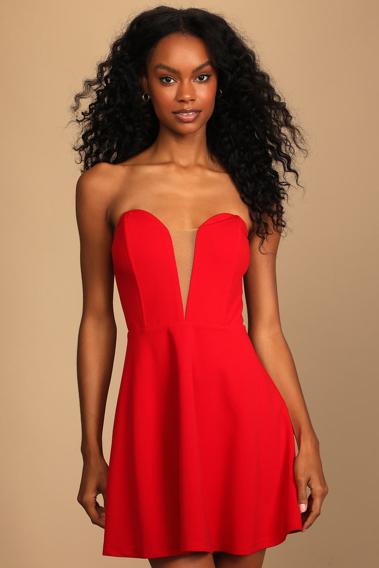 Begin the Party Red Strapless Plunge Skater Dress