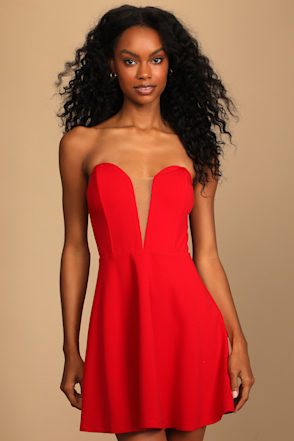red strapless skater dress Formal Dresses Strapless Red Skater Dress Strapless Satin Red Prom Dress With High Thigh Slit Loveangeldress