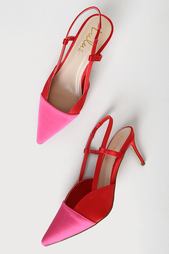 Steviee Pink and Red Pointed-Toe Slingback Pumps 3