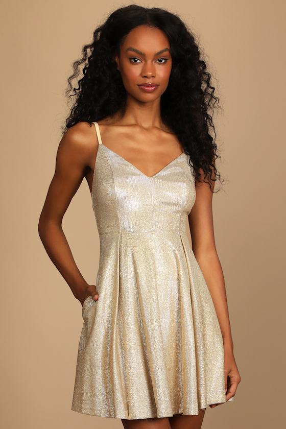 Lookout Weekend Sparkly Gold Skater Dress 1