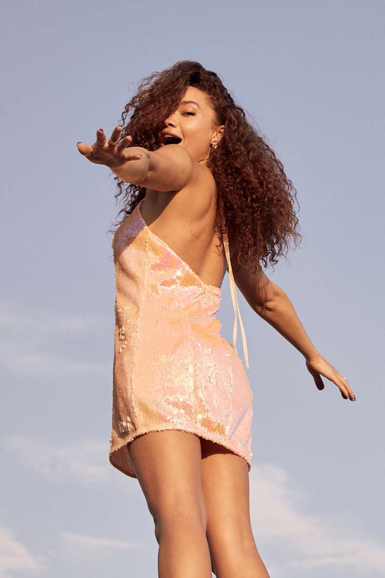 Peach Sequin Dress - Sequin Mini Dress - Plunge Neck Mini Dress - Lulus