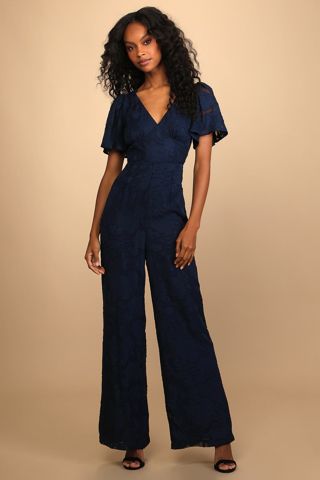 Special Love Navy Blue Floral Burnout Flutter Sleeve Jumpsuit