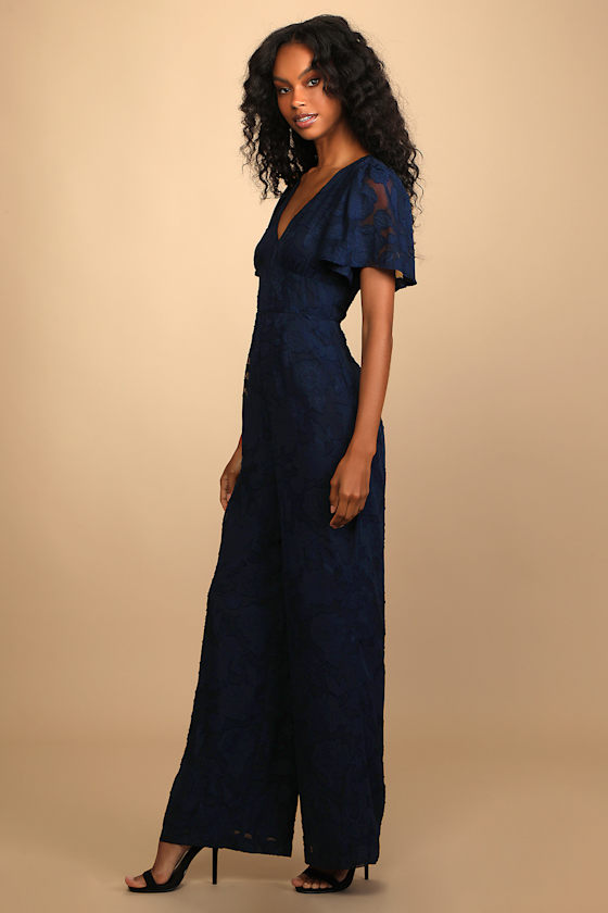 Special Love Navy Blue Floral Burnout Flutter Sleeve Jumpsuit 6