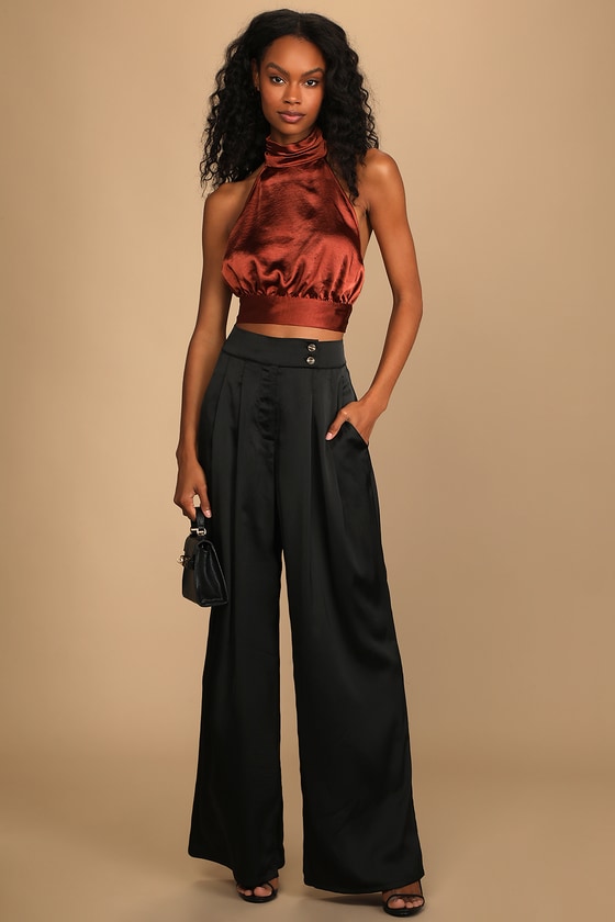 plt brown halter neck slinky crop