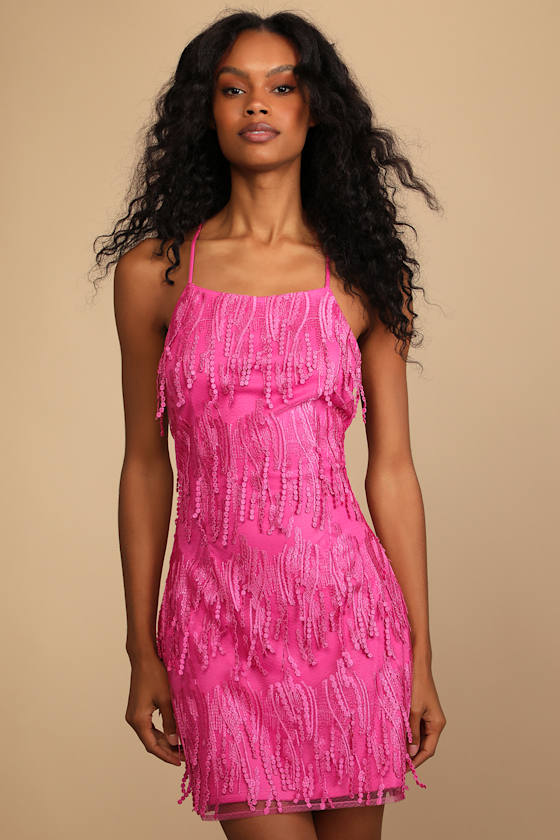Making Magic Bright Pink Fringe Lace-Up Mini Dress 4