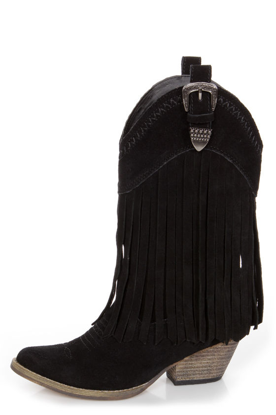 Very Volatile Hillside Black Fringe Leather Cowboy Boots 121.00 Lulus