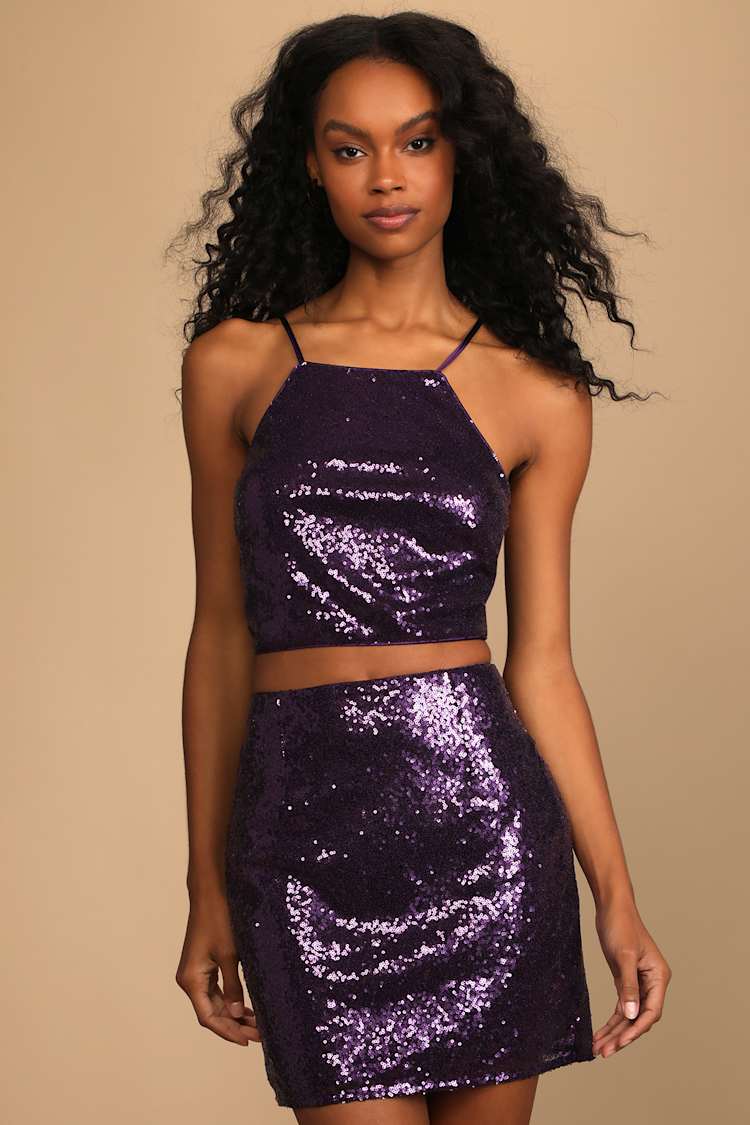open lace back dress Purple Plus Size Crop Top Skirt Set 1x