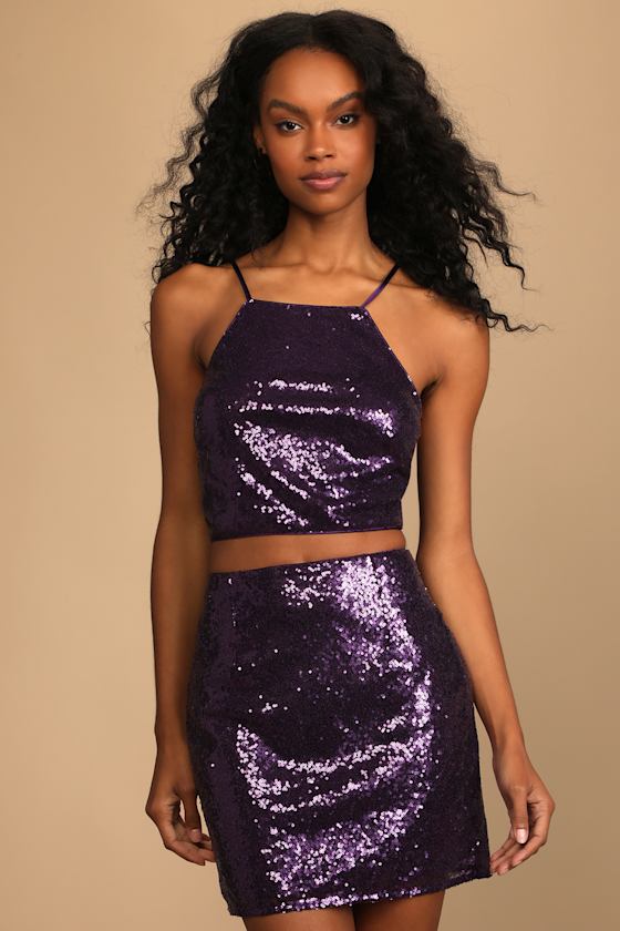 Mood to Move Purple Sequin Lace-Up Two-Piece Mini Dress 4