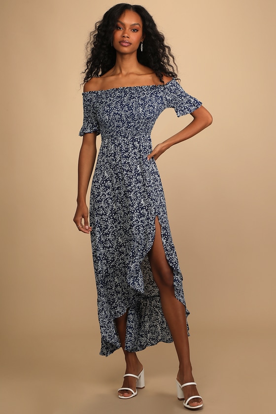 Navy Blue Floral Print High-Low Dress - Smocked OTS Dress - Lulus