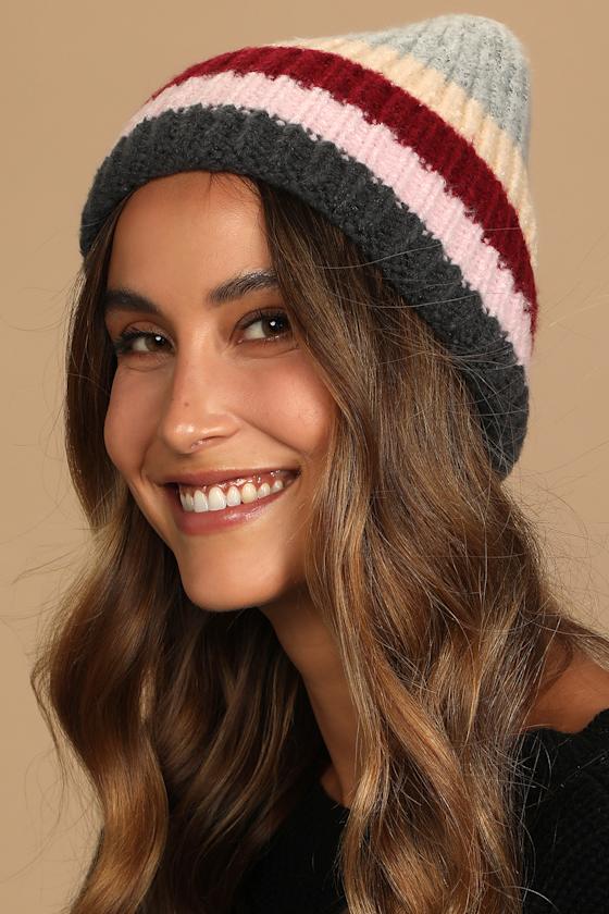 Stripe Beanie Chunky Navy, Pearl Grey