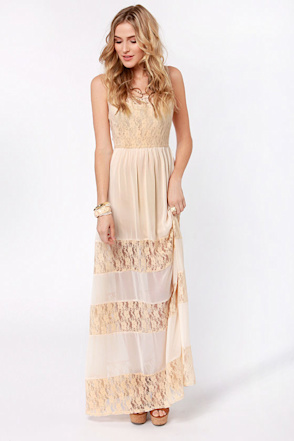 cream coloured lace dress Victorian Selected by The Curatorial Dept cream hue with delicate embroidered lace and thoughtful shaping for a flattering silhouette Pretty Maxi Dress - Lace